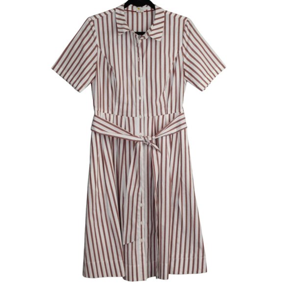 Boden 8R Brick Red White Striped Dress Button Down Belted Waist Tie Short Sleeve - Picture 2 of 12